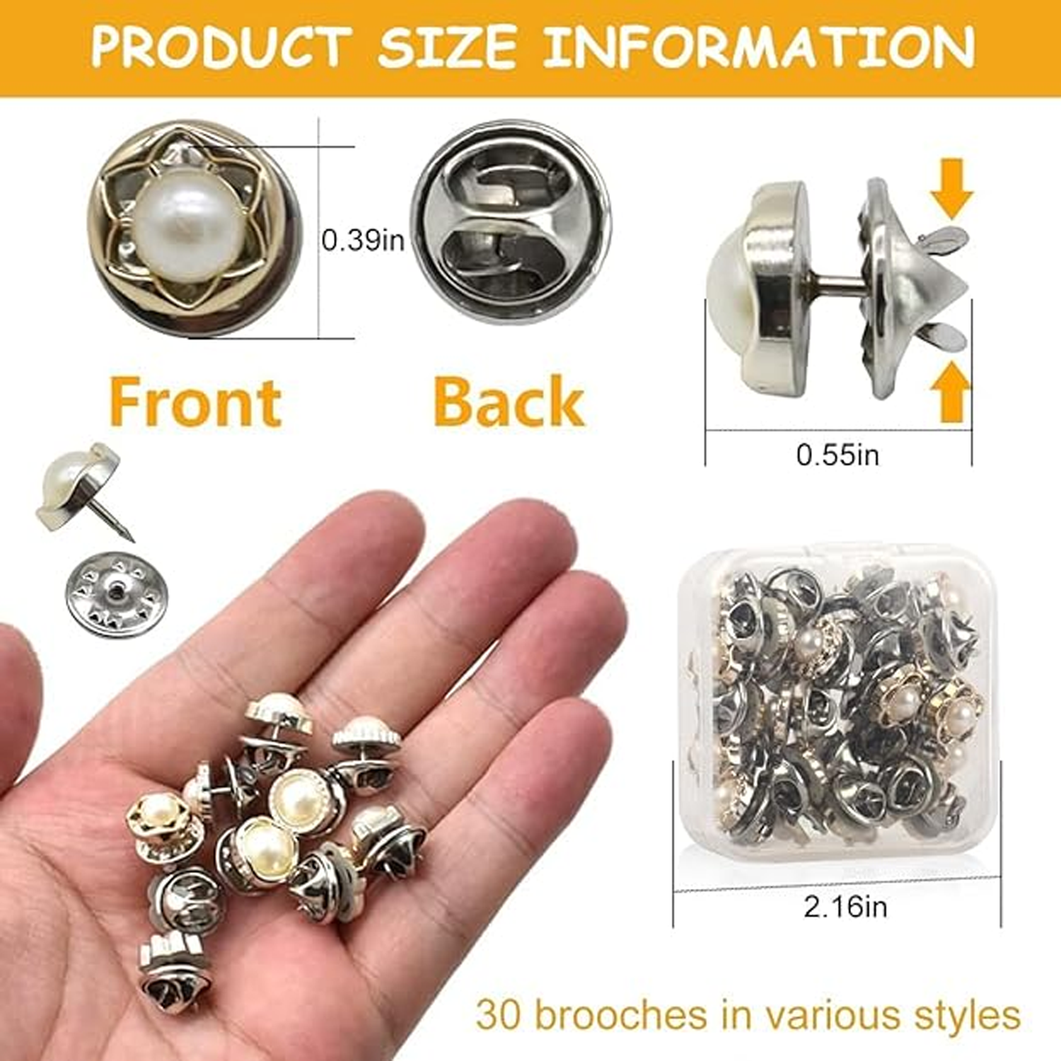 30 Pcs Pearl Safety Brooch Button Pins