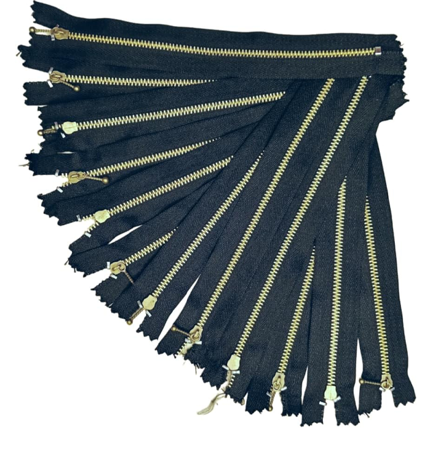 Zipper Set 12 Pieces Black Nylon Tape with Gold Teeth