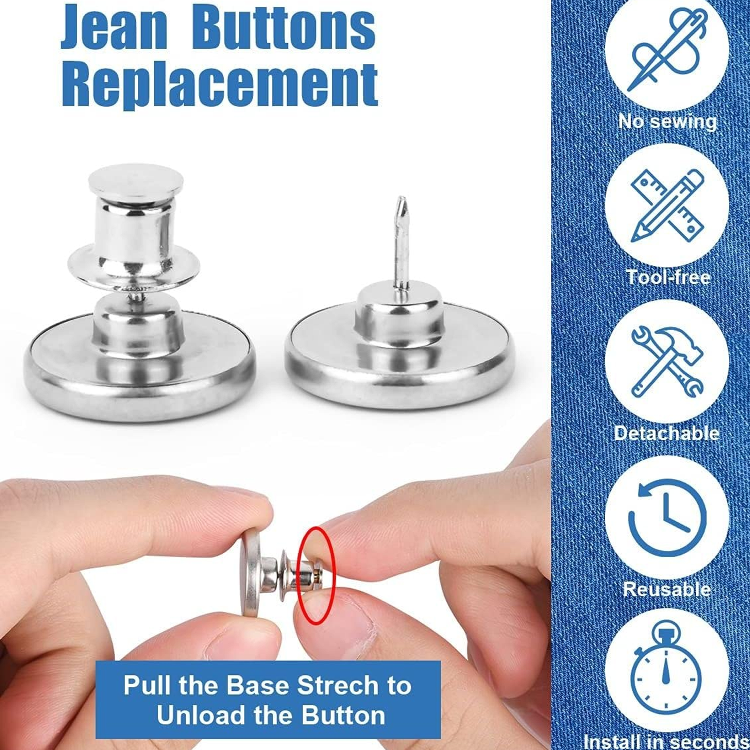 Detachable Button for Jeans 6 Styles No Sew Metal Buttons