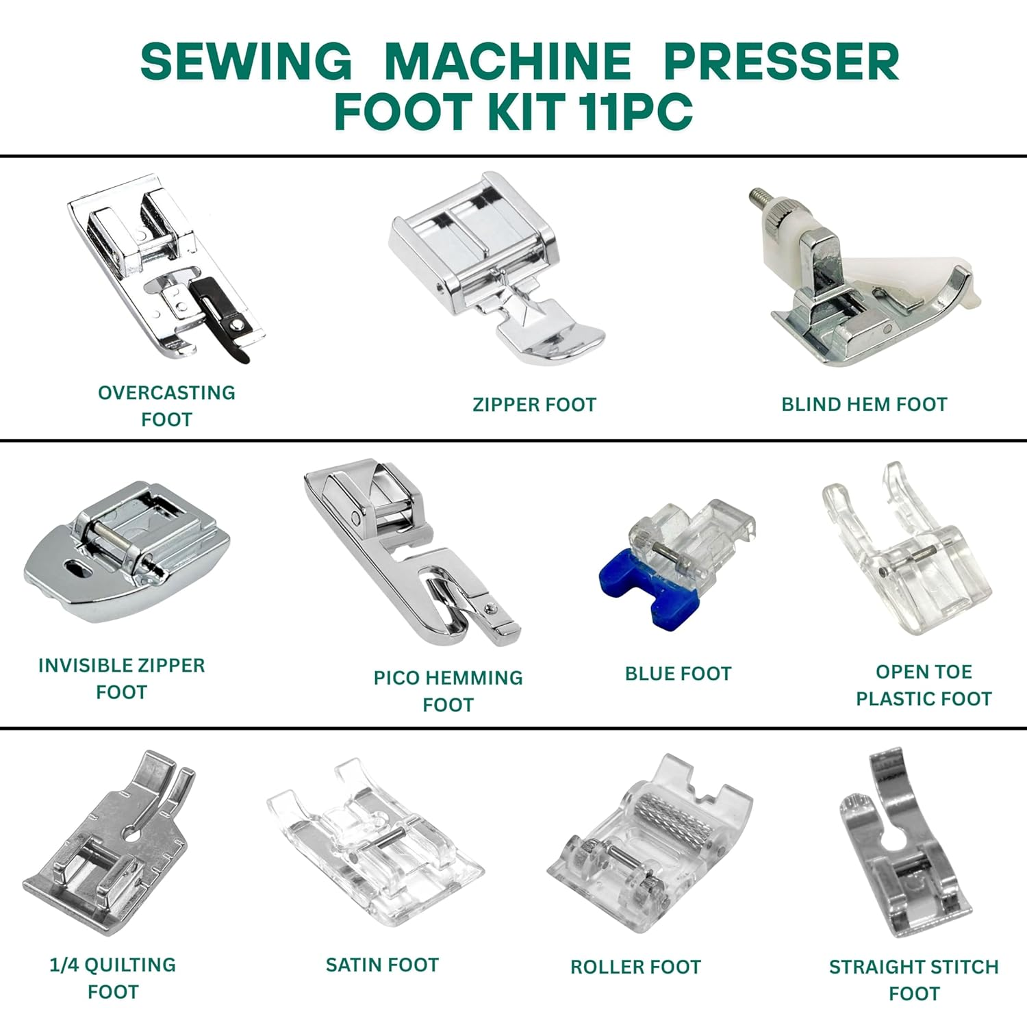11 Pcs Sewing Machine Presser Feet Accessories Kit